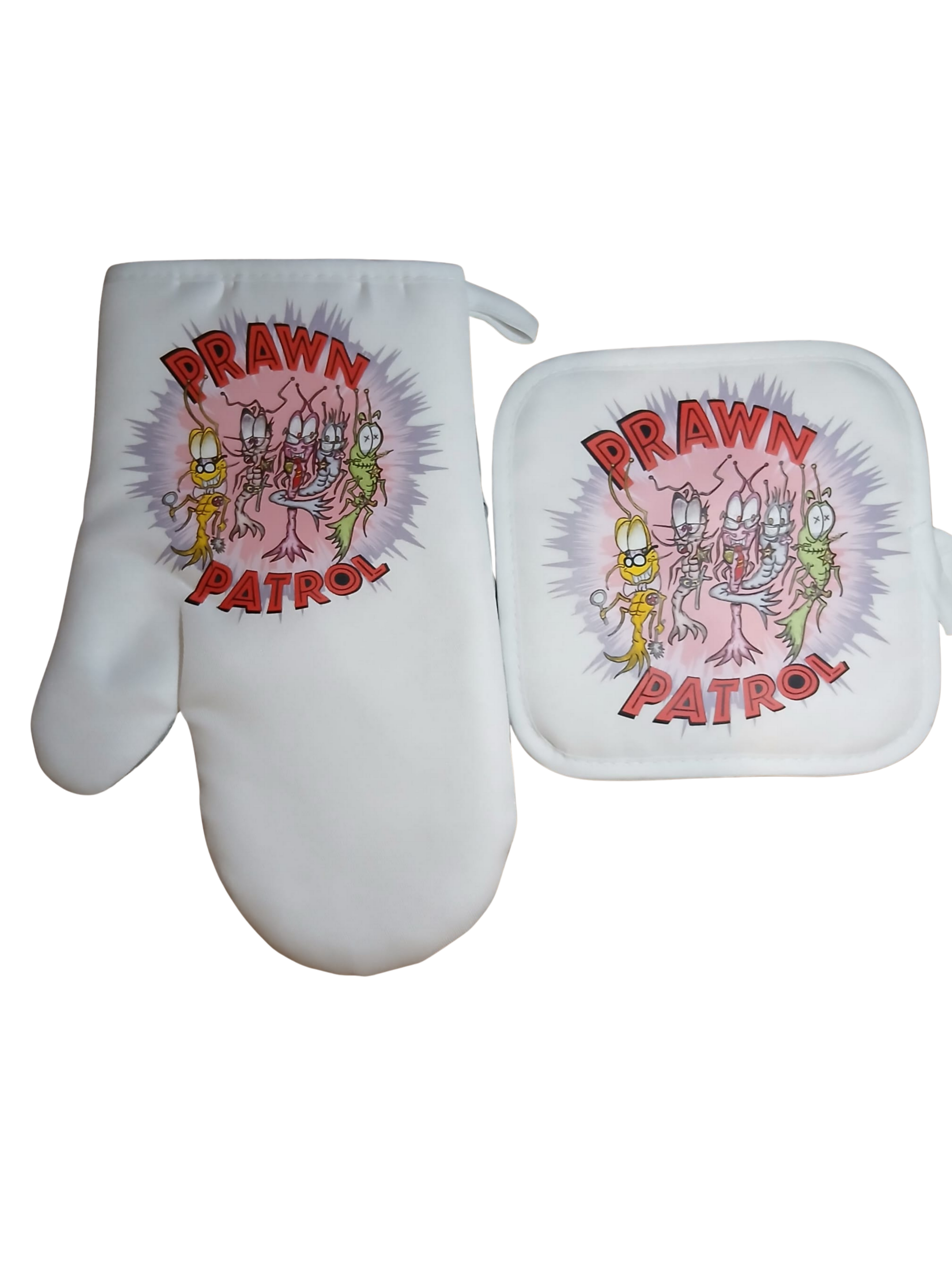Oven Mitt & Pot Holder Set  (Prawn Patrol)– Heat Resistant Kitchen Set